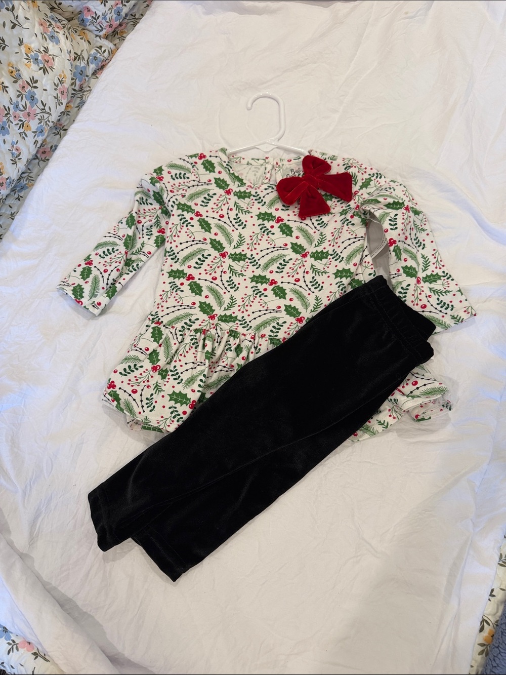 Baby Essentials White Holiday Holly Dress with Red Bow & Black Velvet Leggings